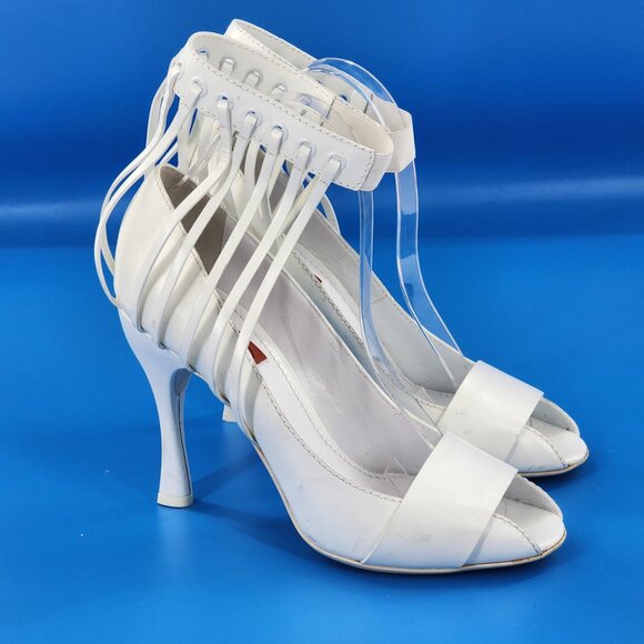 MISSONI Runway White Leather Caged Peep Toe Pumps Heels Ankle Strap NEW FLAWED - Picture 3 of 13